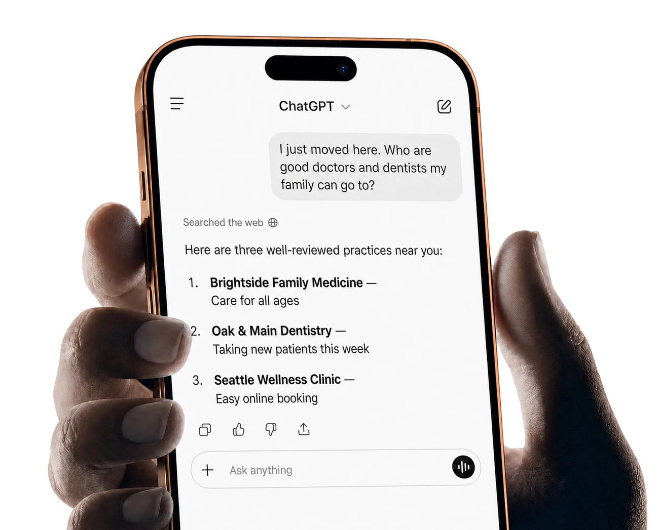 A hand holding a phone. On the screen, someone asks ChatGPT for good doctors and dentists near them and gets three names.